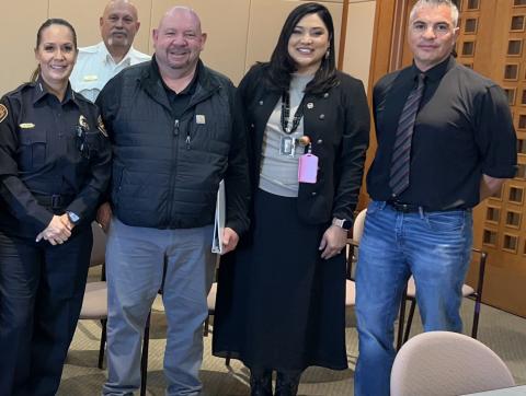 City of Grants Mayor Erik Garcia (right) met Representative Pauline Abeyta from House District 69 to advocate on behalf of the city. He was joined by City Manager Andrew Valencia, Grants Police Chief Maxine Monte (left) and Grants Fire and Rescue Chief Mike Maes (back). Courtesy Photo