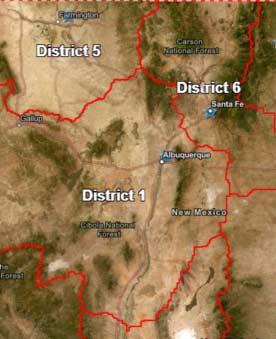 District 1 spans the Rio Grande corridor from the Albuquerque area south through Elephant Butte to the Texas line—the reach at the heart of the proposed interstate settlement—while Districts 5 and 6 cover the northwest and north-central regions. Courtesy of New Mexico Office of the State Engineer water-administration districts