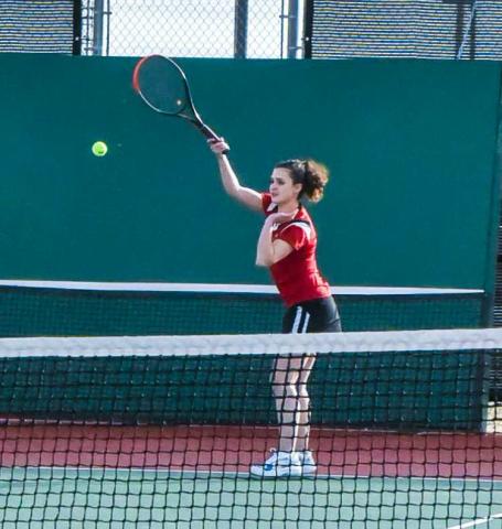 Senior Kylett Garcia in action at a recent home tennis match at Grants High School. The Lady Pirates tennis team is currently 2-1 after participating in the Farmington Invitational on March 10. The GHS boys’ tennis team is currently 0-3. Next up for both tennis teams is a meet at Los Lunas High School on March 28. Courtesy Photo