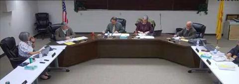 Grants Cibola County School Board members attend their regular meeting. L to R: Member Ms. Sandoval, Superintendent Lane Widner. Vice President T. Walter Jaramillo, President Francie Lee, Secretary Ronald Ortiz, member Dr. Guy Archambeau. Courtesy Photo