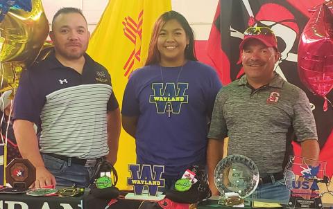 Martinez’s Scholarship Ceremony was held Saturday at GHS. Pictured left to right: WBU Head Coach Kiiler Stephens; Trisitian Martinez of Laguna; GHS Head Coach Tommy Gabaldon. Rusty Davidson courtesy photo