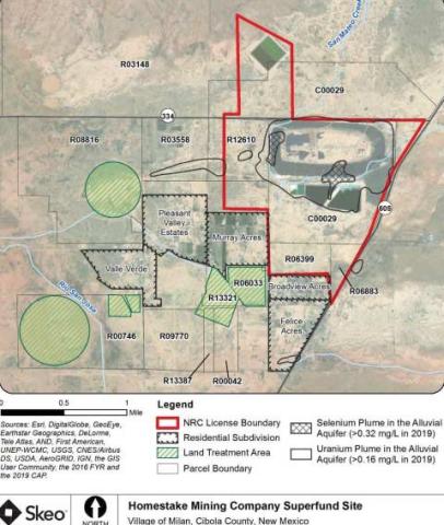 The Homestake Mining Company Superfund Site north of Milan, showing the NRC license boundary (red outline), nearby residential subdivisions (Pleasant Valley Estates, Murray Acres, Broadview Acres, Felice Acres, Valle Verde), land treatment areas (green hatch), parcel boundaries, and the approximate uranium (~0.16 mg/L, 2019) and selenium (~0.32 mg/L, 2019) plumes in the San Mateo alluvial aquifer. NM State Road 605 runs along the east side of the site. Source: EPA Region 6/Skeo Courtesy Photo