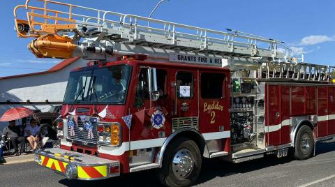 A Grants Fire &amp; Rescue ladder truck rolls through a local parade, showcasing the department’s emergency response capabilities. As drought conditions heighten fire risks in Cibola County, local fire departments are emphasizing preparedness, interagency cooperation, and community fire safety measures as a shortage of volunteer firefighters grows in the area. Courtesy of GFR
