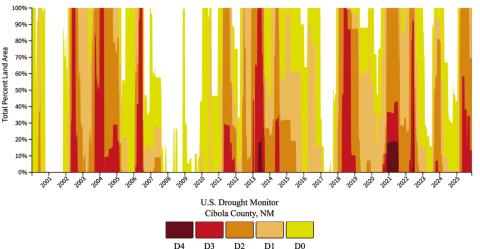 This long-term U.S. Drought Monitor timeline shows weekly drought conditions in Cibola County over the past two decades, with white bars indicating no drought and colors from yellow to dark red marking increasingly severe drought (D0–D4), showing how often the county has remained in some level of drought. Courtesy Photo