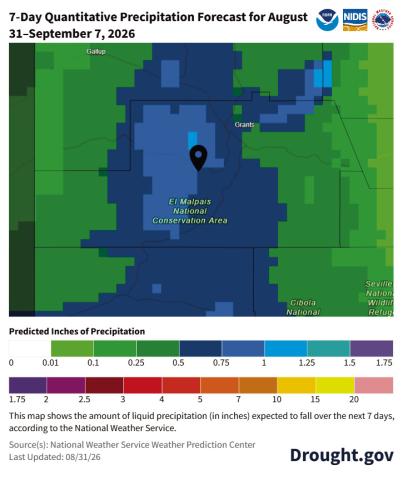 The 7-Day Quantitative Precipitation Forecast through September 7 shows the likelihood of liquid precipitation, like rainfall, which will occur across Cibola County over the next week.