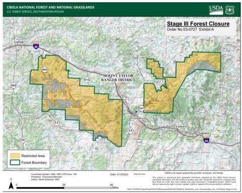 Highlighted areas are affected by the closure of Cibola National Forest and Grasslands. Camping, hiking, and recreation are currently unavailable until the worst of the fire danger threat passes. Courtesy Photo