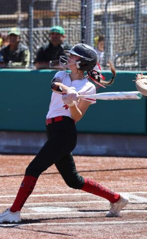 Anora Graham of the Lady Pirates softball team with one of her at bats this past weekend. The lady Pirates are currently 3-12 and went 1-2 this past weekend at a tournament in Las Vegas. They will start district play against Valencia High School (18) this Tuesday, April 4. Franklin Romero - CC