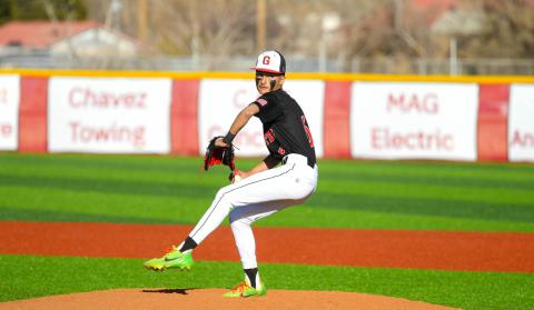 The Grants High School Pirates are now ranked second in the state, just behind Artesia High School (11-6, 0-0) after defeating district rival, the Belen Eagles, on April 11 by a score of 3-2. Currently the Pirates are 12-5, 3-1 and 2nd in district 5 4A just behind St. Pius 10-11, 3-0. In this file photo, junior pitcher Estevan Barela on the mound at a recent home game. Franklin Romero - CC