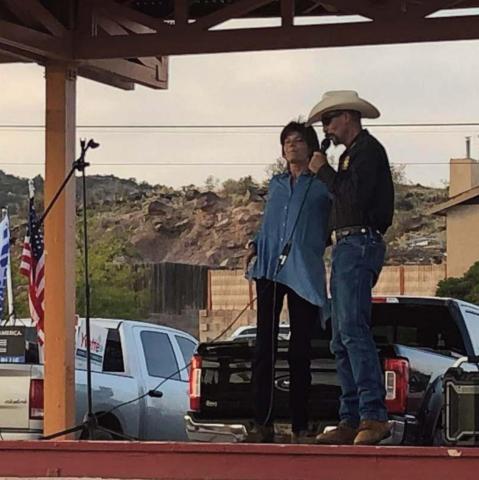 People from across the county gather to support the police at Fire and Ice Park, while this was a Republican protest law enforcement showed up and thanked the community for their support. Cibola County Sheriff Tony Mace and congressional candidate Yvette Herrell (left) address the crowd as did many others at the event. Courtesy photo