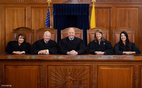 Supreme Court of New Mexico: (from left) Justice Julie J. Vargas, Justice Michael E. Vigil, Chief Justice David K. Thomson, Justice C. Shannon Bacon, and Justice Briana H. Zamora. Courtesy Photo of the New Mexico Supreme Court