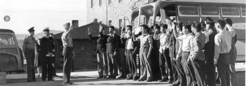 Photograph of the first 29 Navajo U.S. Marine Corps Code-Talker Recruits being Sworn in at Fort Wingate, NM, dated 1942. National Archives Identifier: 295175. Courtesy Photo