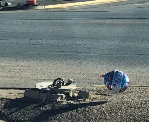 A resident of Grants attached a “Get Well Soon” balloon to the downed traffic light at the intersection of Santa Fe Avenue and NM Highway 53. The traffic light was knocked down in early May after a high-speed police pursuit. City residents have been dealing with the aftermath ever since, with city leadership working through supply chain issues to get a new light pole installed. Courtesy Photo