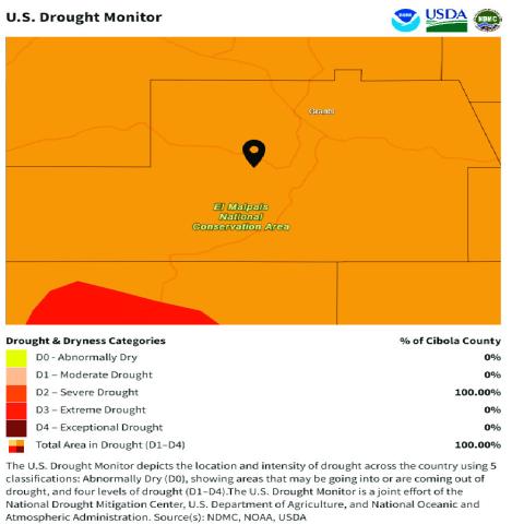The latest U.S. Drought Monitor map, using data valid March 24, 2026, shows all of Cibola County in Severe Drought (D2), with 100% of the county now falling within that category. The updated map reflects worsening dry conditions across the county as Cibola moves deeper into spring and closer to the heart of fire season. Courtesy Photo