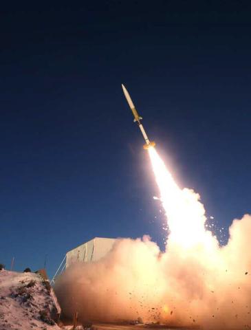 A missile roars skyward during a test launch at Fort Wingate in March 2020. The U.S. Army Space and Missile Defense Command launched two Black Dagger targets in support of missile defense, overcoming harsh conditions to complete their mission. Courtesy Photo