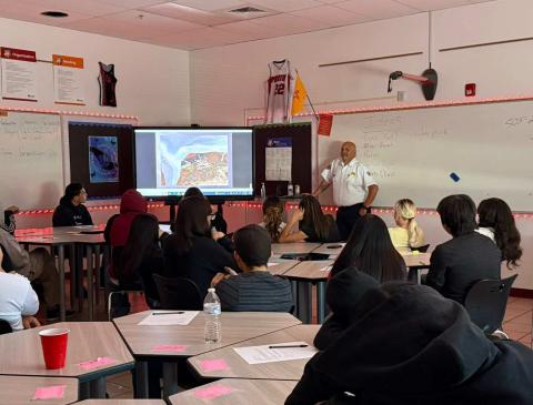 Grants Fire and Rescue Chief Maes speaks to AVID and driver’s education students at Grants High School during First Responder Appreciation Week. Chief Maes shared insights about his firefighting career and the importance of DWI safety, encouraging students to make smart choices Courtesy Photo
