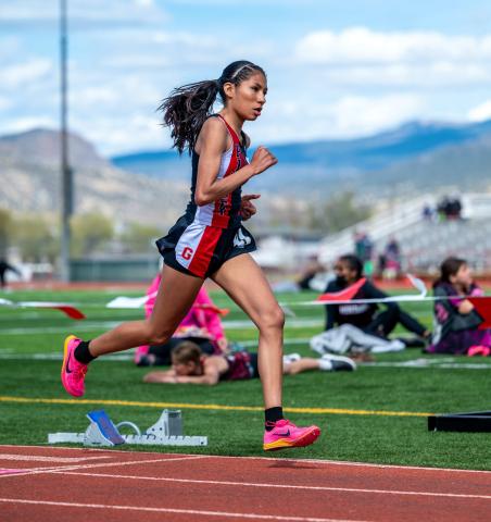 In this photo, Laila Martinez, a freshman at Grants High School, shows her stride in the 800-meter run which she placed first with a time of 2:25.26. Martinez also placed first in the 1600-meter with a time of 5:25.01. Photo Credit Lee Begaye Photography