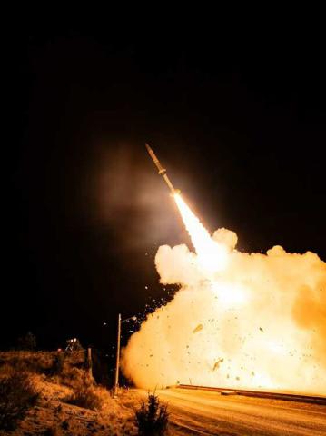 A Black Dagger short-range ballistic missile target, designed to fly a ballistic flight path and demonstrate defensive protection capability, launches from Fort Wingate, New Mexico, Dec. 6. The flight served as a search track to test the Lower Tier Air and Missile Defense Sensor system. Missile Test - U.S. Army photo by Christopher Bohn
