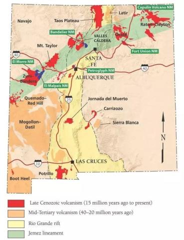 A map of New Mexico with volcanic fields younger than 15 million years marked in red and the Jemez Lineament marked in green. El Malpais is located within the Zuni-Bandera Volcanic Field on the western side of the state. Courtesy Photo