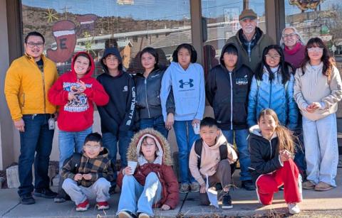 For the eighth year in a row, Evelyn and Roger Siegmann have teamed up with students from the various elementary schools in Grants-Cibola County School District to spread holiday cheer. In this photo, taken December 1 by Citizen staff, students from Mesa View Elementary School painted the newspaper windows. Not pictured is Joe and Misty Vigil who helped to keep the students focus and spread cheer. Sylvia Anzures Gonzales - CC