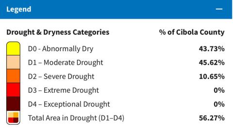 Cibola County is dry. Over 56 percent of Cibola County's total area experienced drought conditions through December, ranging from “moderate” to “severe” levels of drought. Approximately 252 acres of hay and 17 acres of haylage are currently affected by drought conditions; livestock farmers have been hit hard as well, with an estimated 5,785 cattle and 1,703 sheep currently suffering through the drought in December. Courtesy