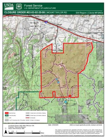 A U.S. Forest Service map shows the area of the Mount Taylor Ranger District subject to a temporary closure during upcoming missile tests near Fort Wingate. The restricted area, highlighted in red, will be closed to the public from May 19–22 and again from May 27–29 to ensure public safety during the U.S. Army’s planned launches. Courtesy Photo