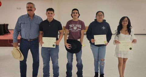 Milton C. Head Memorial Scholarship recipients pose with a member of the selection committee after receiving their awards. From left: Committee member, Christian Martinez, Demetrio Trujillo, Jaylin Caladitto, and Johalys Diaz Alberto. The scholarships honor the legacy of Milton C. Head by supporting students pursuing careers in welding, diesel mechanics, and marketing. Courtesy Photo