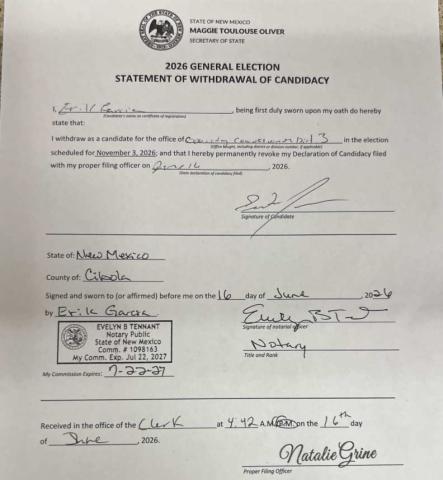 Mayor Erik Garcia withdrew his candidacy to the Cibola County Clerk on June 16, saying he made his point to city council. Diego Lopez- CC