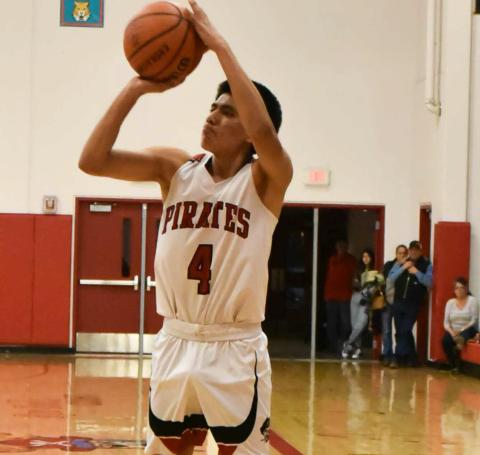 Noah Victorino, 4,of the Grants Pirate Basketball Team nailed a bucket at a recent Pirate basketball game at the Port of the Pirates. The Pirates are currently 7-16, 0-7 and will close out district play this Tuesday, February 14 at home with a game against Belen High School (4-20, 15). The Lady Pirates are 9-15, 1-6 as they finish up their district play on the Feb. 14 as well with an away game at Belen High School (8-15, 0-6). Franklin Romero - CC