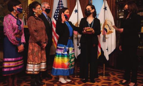 Member of the Pueblo of Laguna, Debra Haaland, is sworn in as US Secretary of the Interior on March 18. Courtesy photo