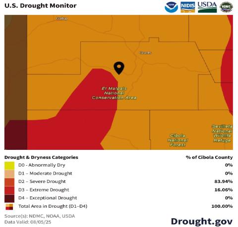 The August 5 U.S. Drought Monitor shows all of Cibola County in drought, with 83.94% in Severe Drought (D2) and 16.06% in Extreme Drought (D3). No portion of the county is currently drought-free. Courtesy Photo