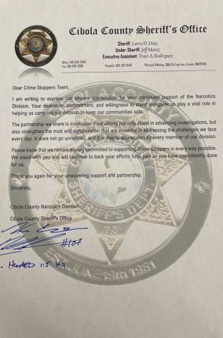 The Cibola County Sheriff’s Office wrote a letter of appreciation to Cibola County Crimestoppers. The letter follows:
