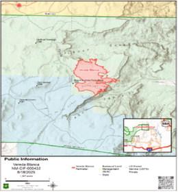 The Vereda Blanca Fire, burning northeast of Grants in the Mt. Taylor Ranger District, remains outside of Cibola County, despite confusion caused by its proximity and regional reporting. As of August 18, the fire had reached 1,307 acres with 4 percent containment. This official U.S. Forest Service map shows the fire perimeter straddling the Sandoval-McKinley county line. No communities are currently at risk. Courtesy Photo
