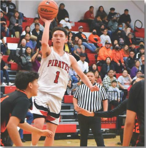 Dominic Sanchez, 1, a senior on the Grants High Boys’ Basketball team takes it to the hole at a recent home game. The Pirates are 7-14,0-5 as they look at closing out district play in the next two weeks. The Lady Pirates are 9-13,14 as they also are in the home stretch of district play. Franklin Romero - CC