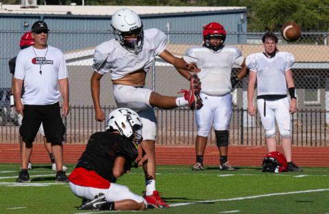 The GHS football team had a great season opener defeating I-40 rival, the Miyamura Patriots by a score of 36-14. In this practice photo, the Pirates are working scoring that extra point as they prepare for their next game this Friday, August 29th against St. Pius in the Pirates first home game of the season. Franklin Romero - CC