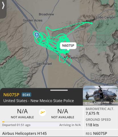 A screenshot from a flight-tracking service shows New Mexico State Police helicopter N607SP flying over the Grants area near Mount Taylor and Lobo Canyon in mid-December. DPS spokesperson Amanda Richards told the Cibola Citizen the helicopter’s flights were part of normal patrol operations and were not specifically related to the Dec. 8 shooting investigation.