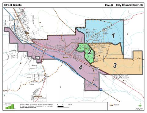 A map of City of Grants Council districts. Two seats are up for election in 2025: District 1, which includes portions of east Grants and neighborhoods near Roosevelt Avenue; and District 3, covering parts of north-central Grants and neighborhoods west of Sakelares Boulevard. Courtesy Photo