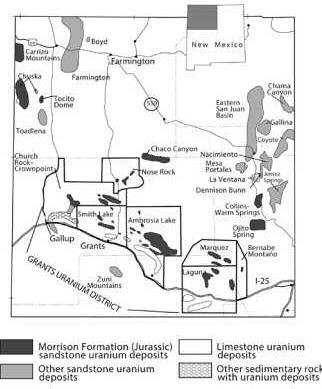The Grants Uranium District once produced over a third of the nation’s yellowcake. Several historical deposits remain scattered across Cibola County, including near Ambrosia Lake, Smith Lake, Mount Taylor, and Laguna. Courtesy of N. M. Bureau of Geology and Mineral Resources